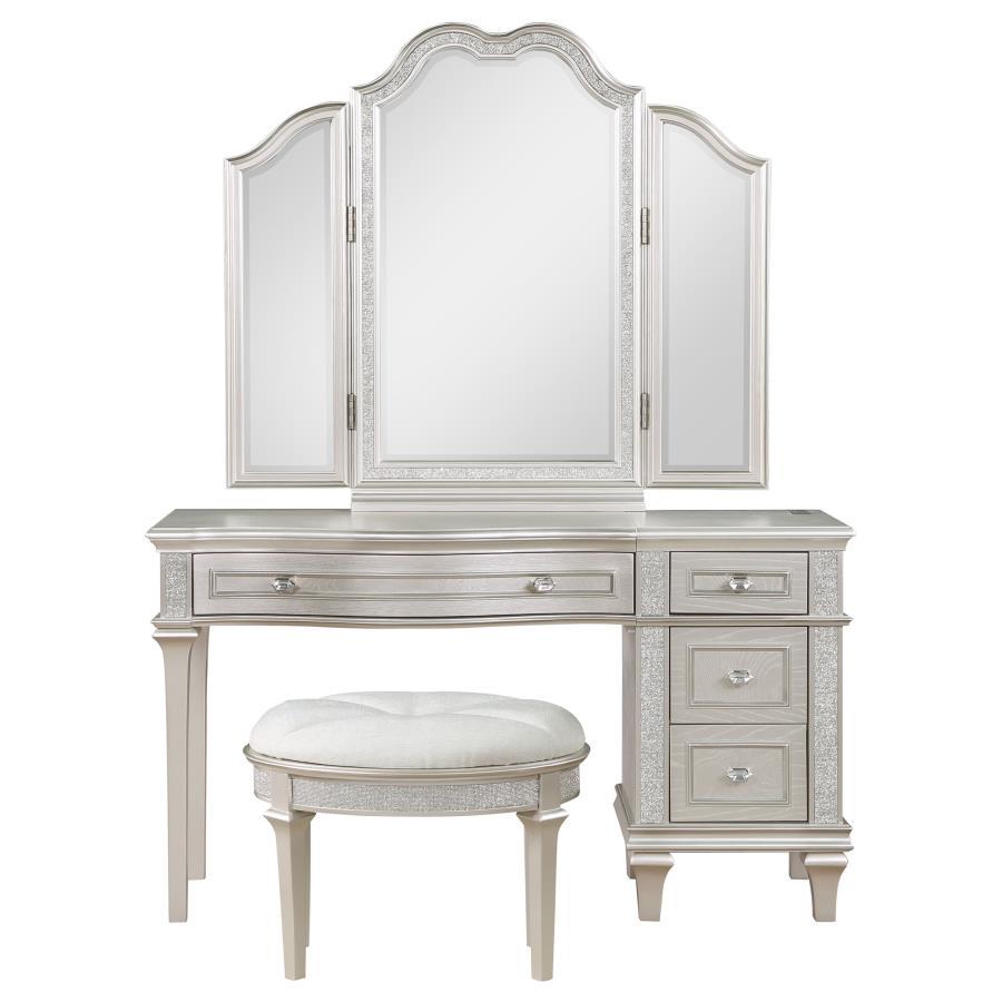 Evangeline - 3 Piece Vanity Table Set With Tri-Fold Mirror And Stool - Silver Oak