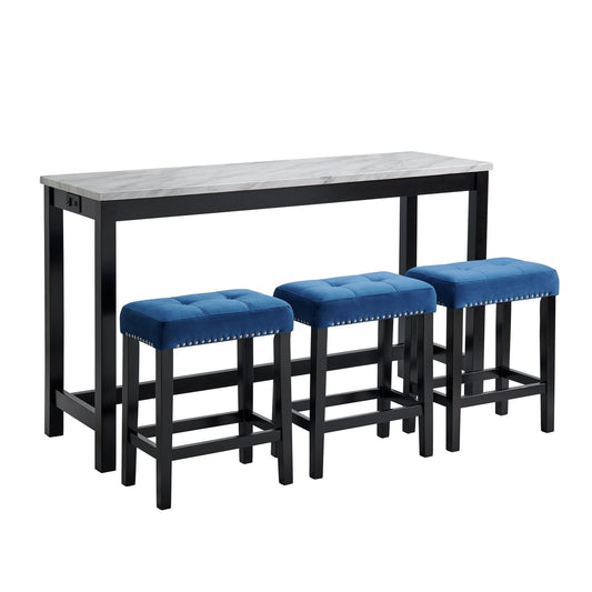 Marco - Bar Table Set Single Pack - White Top (Table + 3 Stool - Blue Velvet)